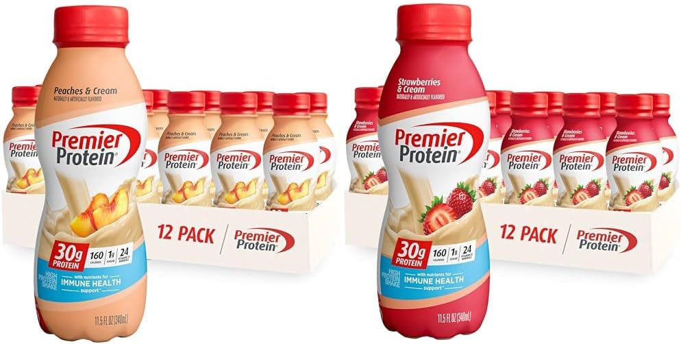 Premier Protein Shake 30g Protein 24 Vitamins Minerals 11.5oz Bottle Peaches & Cream Strawberries 12 Pack Bundle