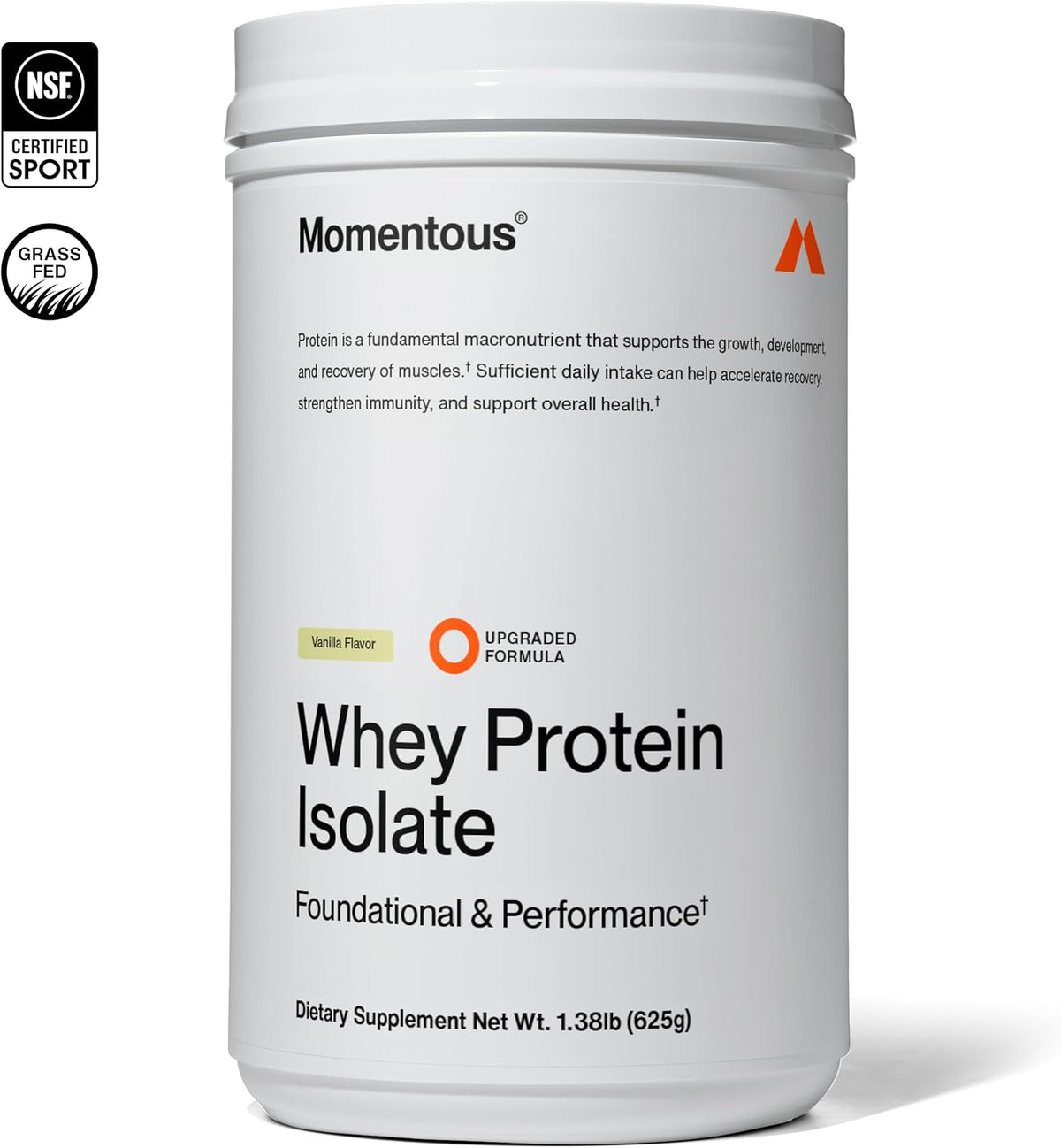 Momentous Grass-Fed Whey Protein Isolate Powder, 20g, Vanilla