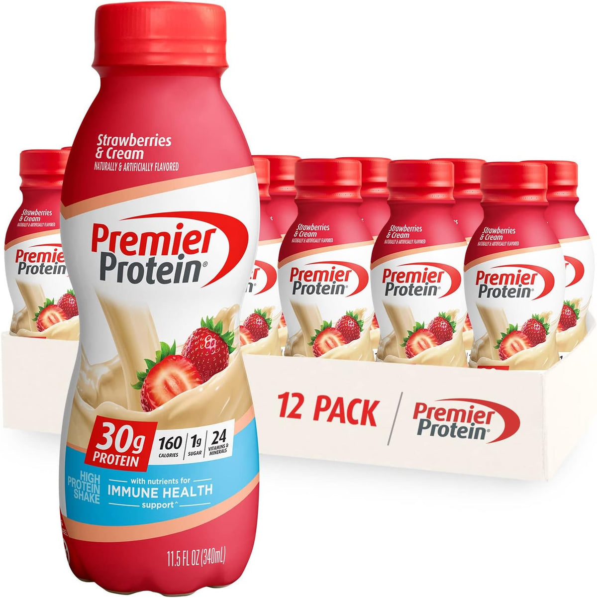 Premier Protein Shake 30g Protein 24 Vitamins Minerals 11.5oz Bottle Peaches & Cream Strawberries 12 Pack Bundle