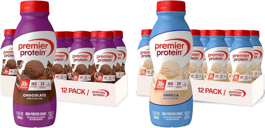 Bundle of Premier Protein Shake, Vanilla, 30g Protein, 1g Sugar, 11.5 Fl Oz (Pack of 12) + Premier Protein Shake, Chocolate, 30g Protein 1g Sugar 11.50 fl oz (Pack of 12)
