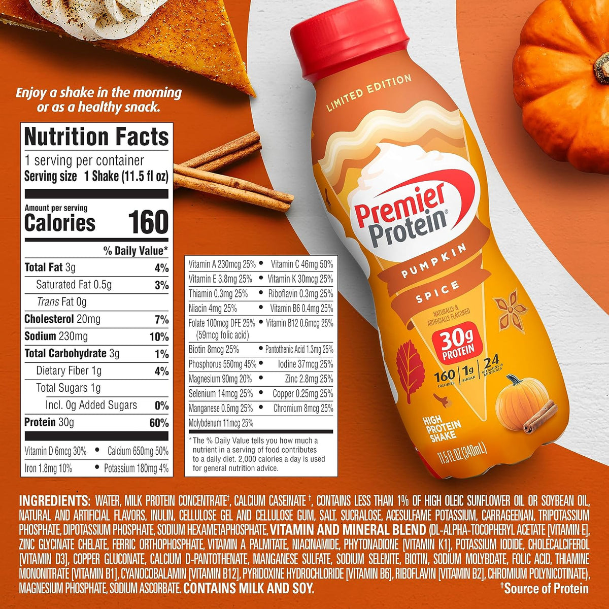 Premier Protein Shake Limited Edition 30g 1g Sugar 24 Vitamins Minerals Nutrients, Pumpkin Spice, 11.5 Fl Oz (Pack of 12) Artwork Case - Packaging May Vary